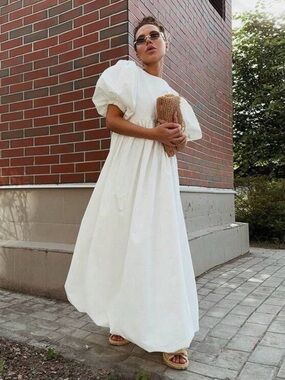 Sexy And Elegant Pure Cotton Round Neck Bubble Sleeve Dress
